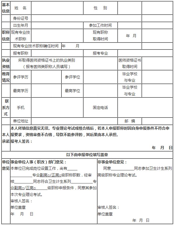 2016年度湖南省衛(wèi)生計(jì)生系列高級(jí)職稱(chēng)專(zhuān)業(yè)理論考試報(bào)名表