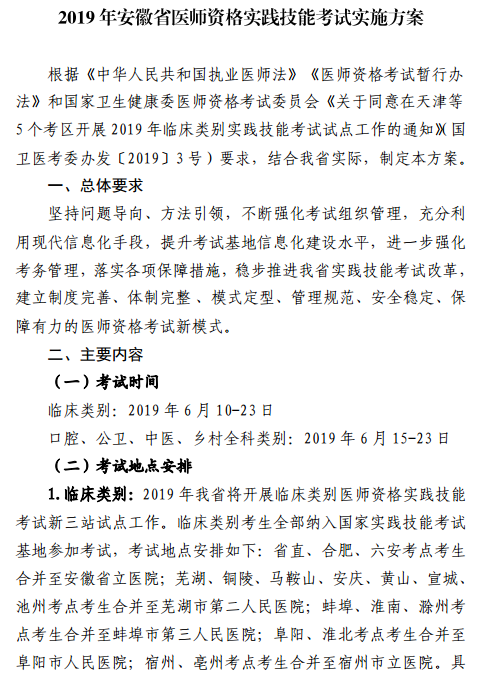 2019年安徽省醫(yī)師資格實踐技能考試工作實施方案的通知