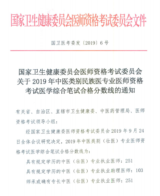 國家衛(wèi)健委關(guān)于2019年中醫(yī)民族醫(yī)專業(yè)醫(yī)師資格考試合格分?jǐn)?shù)線通知