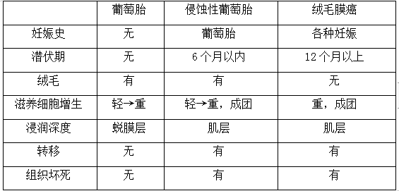 絨癌、侵蝕性葡萄胎、葡萄胎的鑒別