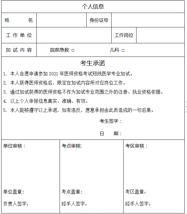 2021年醫(yī)師資格考試短線醫(yī)學(xué)專業(yè)加試申請表