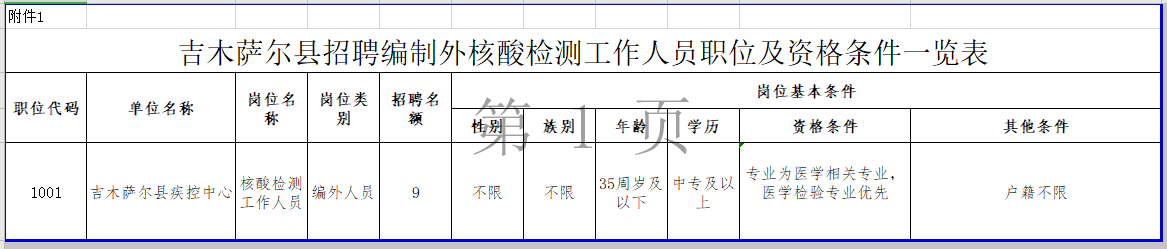 新疆吉木薩爾縣2021年1月份招聘核酸檢測工作人員崗位計劃表