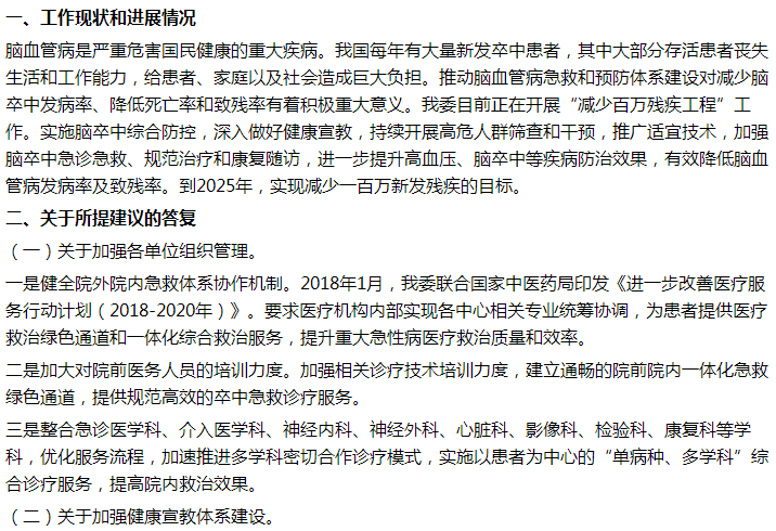 國家衛(wèi)健委關于加強腦卒中急救體系建設的建議答復！